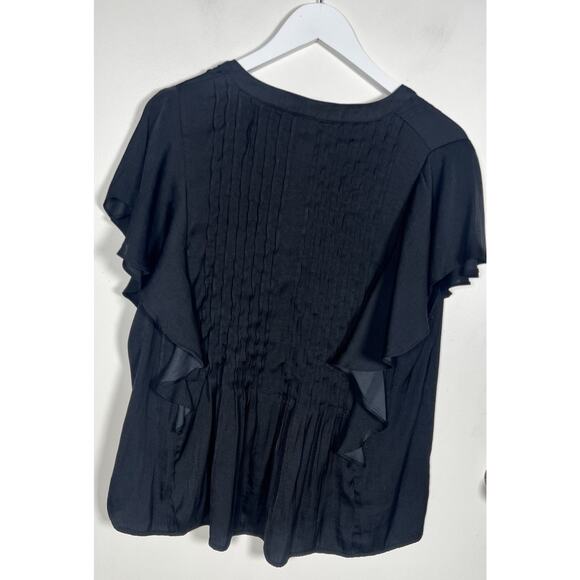 Anthropologie Womens XL Black Silky Pintucked V-Neck Flutter Sleeves Swing Top - Picture 2 of 7